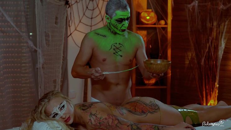 Busty Hungarian blonde covered in green oil during Halloween themed fuck